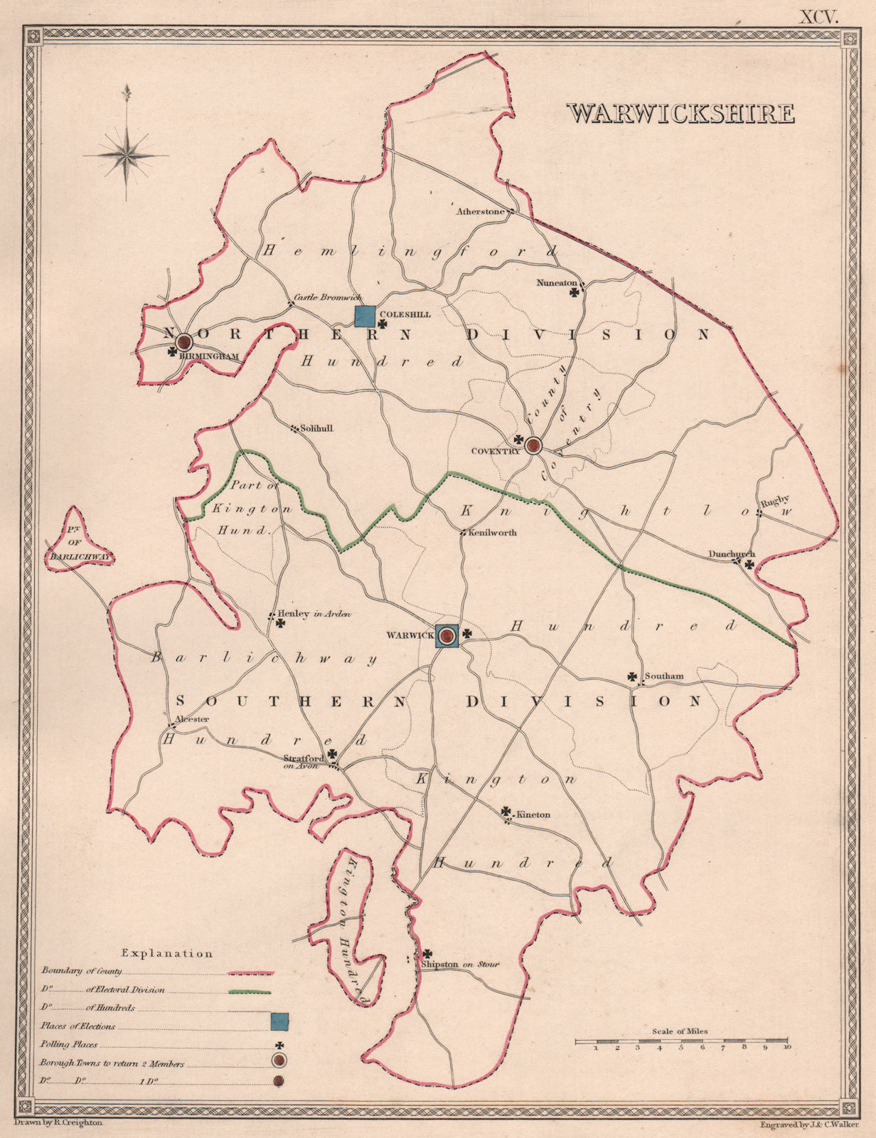 WARWICKSHIRE antique county map by CREIGHTON/WALKER. Electoral 1835 old